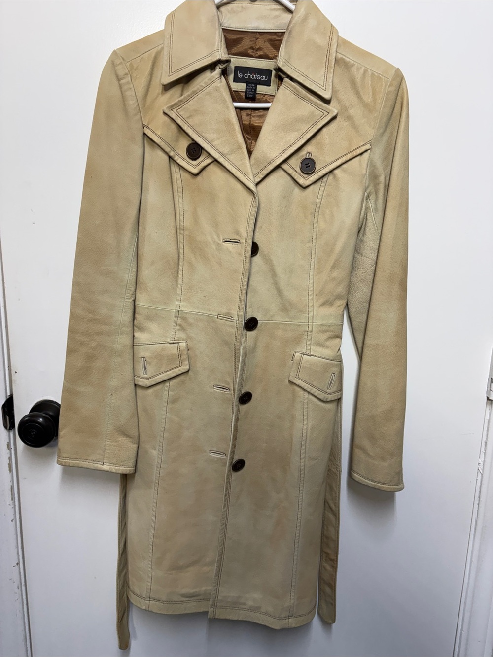 le chateau Beige Leather Trench Coat with Button Front
